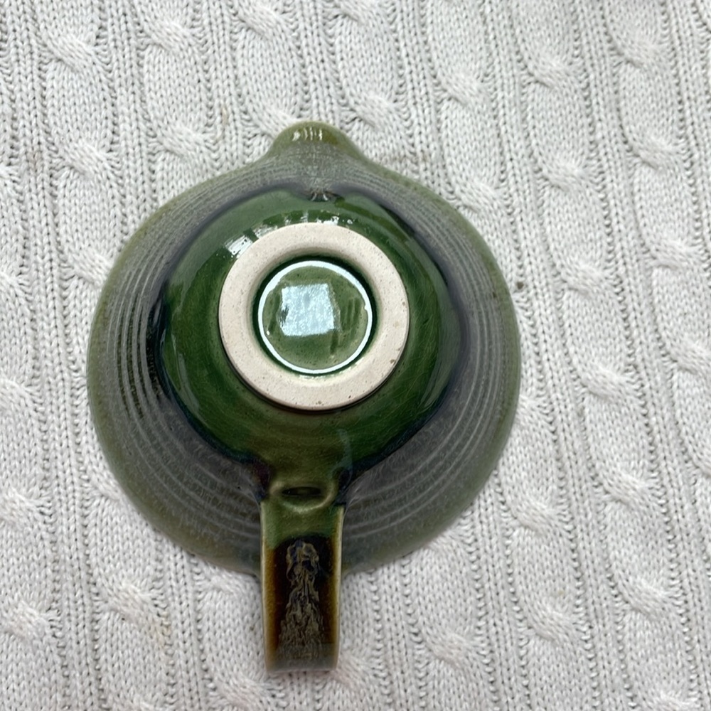 Pottery bowl with spout/handle & saucer. Blues and greens glazed Makers mark - Picture 7 of 10